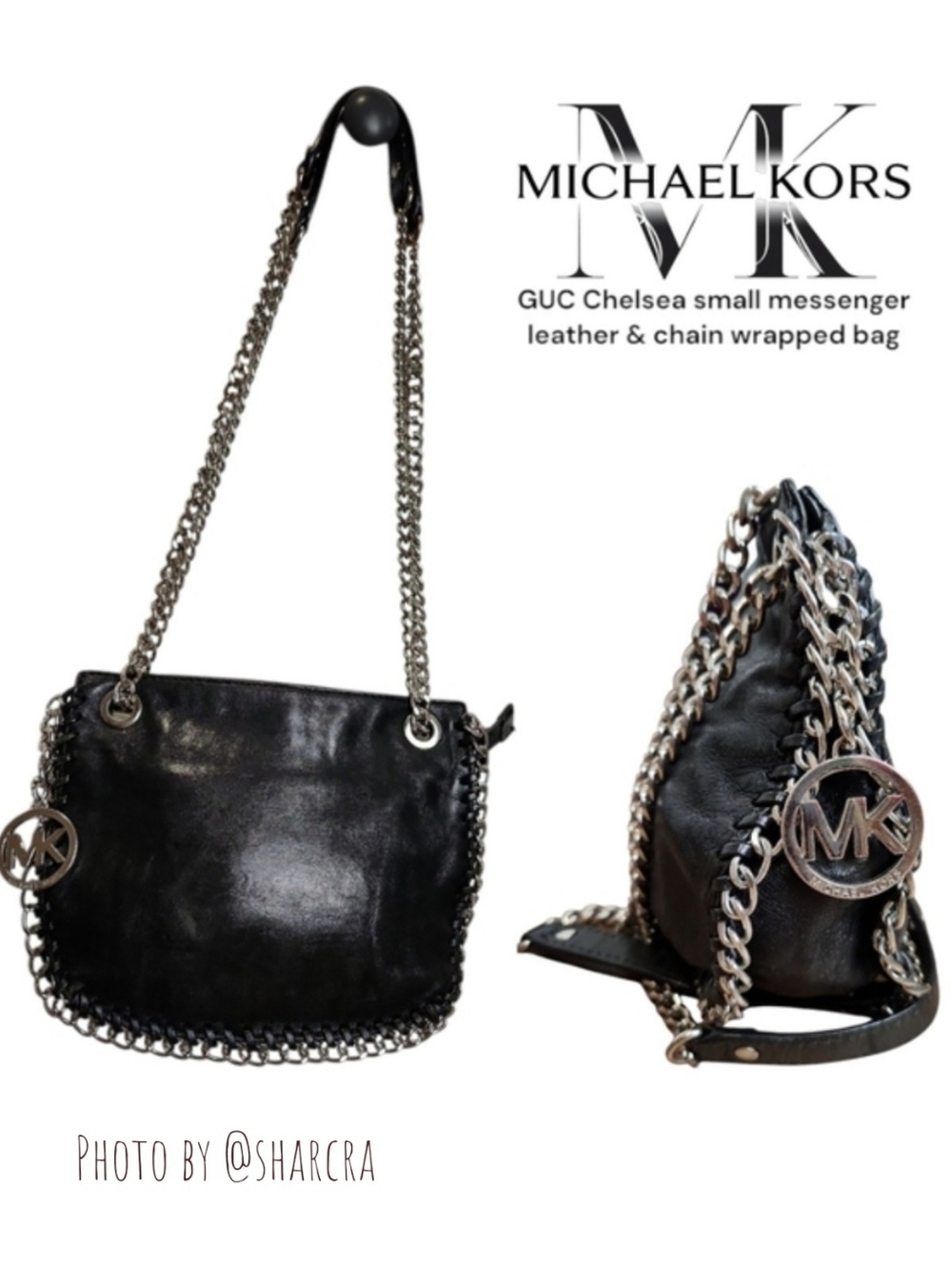 Michael Kors AQ-1211 Chelsea Black Leather Chain Messenger Crossbody HandBag